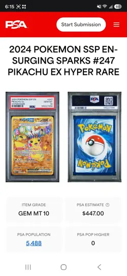 2024 Pokemon Surging Sparks Pikachu ex #247 Hyper Rare PSA GEM MINT 10 - Image 3