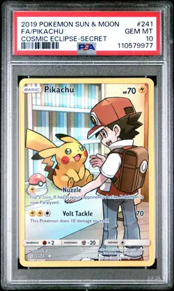 2019 POKEMON SUN & MOON COSMIC ECLIPSE SECRET #241 FULL ART/PIKACHU PSA 10 - Image 1
