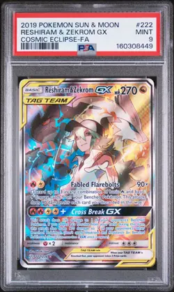 2019 POKEMON SUN & MOON COSMIC ECLIPSE #222 FULL ART/RESHIRAM & ZEKROM GX PSA 9 - Image 1