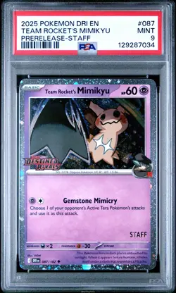 Team Rocket's Mimikyu 087/182 Staff Stamped PSA 9 Destined Rivals Pokemon JC010 - Image 1