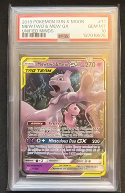 2019 Pokemon Sun & Moon Mewtwo & Mew GX Unified Minds PSA 10 Full Art 71/236 - Image 1