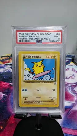 2001 POKEMON PROMO BLACK STAR POKEMON LEAGUE #28 SURFING PIKACHU PSA 9 - Image 1