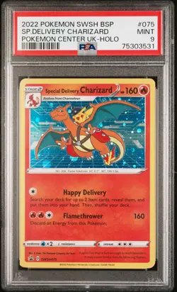 Pokemon Card Special Delivery Charizard SWSH075 Holo PSA 9 HD Swirl - Image 1