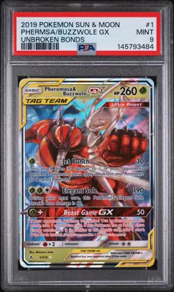 2019 Pokemon Sun & Moon Unbroken Bonds Buzzwole GX Phermsa #1 PSA 9 - Image 1