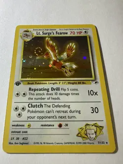 Pokemon Lt. Surge's Fearow #7 1st Edition Holo SWIRL Gym Heroes LP Pokemon WOTC - Image 2