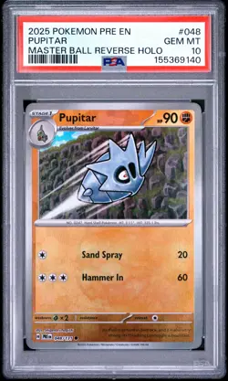 2025 Pokemon Pre EN-Prismatic Evolutions Pupitar Master Ball Reverse Holo PSA 10 - Image 1
