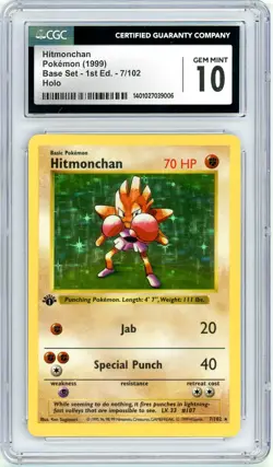Pokemon Hitemonchan #7 Base Set 1st Edition Shadowless CGC 10 Gem Mint - Image 1