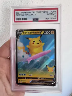 Pokemon Surfing Pikachu V 008/025 Celebrations Holo PSA 10 - Image 1