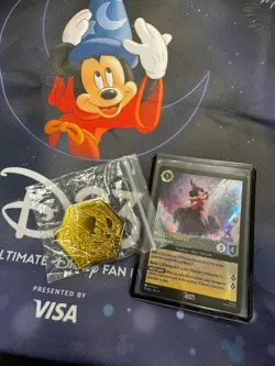 D23 Expo EXCLUSIVE Disney Lorcana MICKEY MOUSE PLAYFUL SORCERER Promo Card & Pin - Image 1