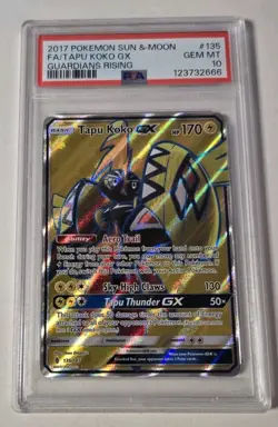 2017 POKEMON SUN & MOON GUARDIANS RISING #135 FULL ART/TAPU KOKO GX PSA 10 - Image 1