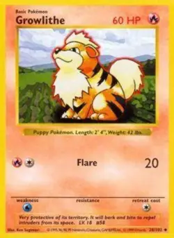 1x Growlithe - 28/102 - Uncommon - Shadowless Edition Heavily Played Pokemon G1 - Image 1