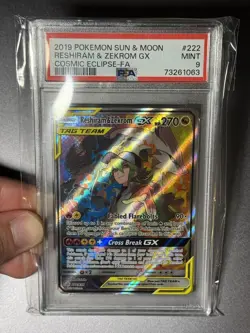 Reshiram & Zekrom GX (Full Art) 222/236 Cosmic Eclipse Pokemon Card PSA 9 MINT - Image 1