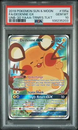 Pokemon Sun and Moon Dedenne GX 195a/214 Ultra Rare Holo Foil Full Art PSA 10 - Image 1