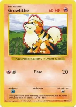 Pokemon Card - Base 28/102 - GROWLITHE (uncommon) [Shadowless] *Played* - Image 1