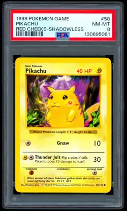 1999 Pokemon RED CHEEKS PIKACHU Base Set SHADOWLESS Error Card 58/102 Rare PSA 8 - Image 1