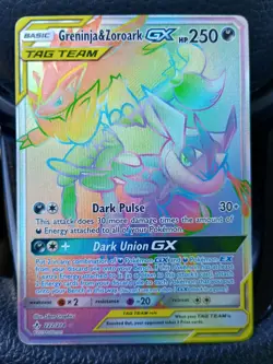 Pokemon Card Greninja & Zoroark GX 222/214 Rainbow Secret Rare Full Art Holo - Image 1