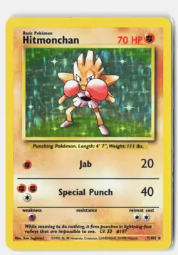 Hitmonchan 7/102 HOLO Holo Rare Base Set Unlimited Pokemon Holo MP Ken Sugimori - Image 1