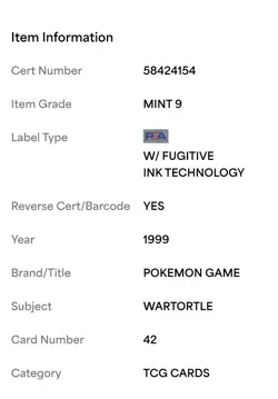1999 Pokemon "PERFECT CENTERING " #42 Wartortle PSA 9 Mint #42 NEW FRESH SLAB - Image 3