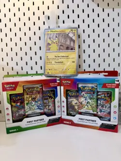 Pokemon First Partner Collection 1x Series 1 & 2 + 1 Pikachu at the museum promo - Image 1