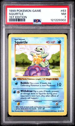 PSA 7 Squirtle 1st Edition Shadowless 1999 Base Set 63/102 Pokemon w/ Guard - Image 1
