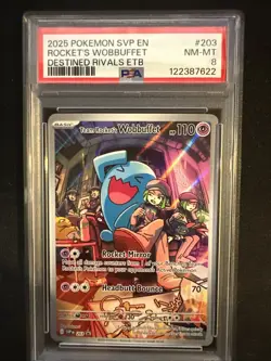 2025 POKEMON SVP DESTINED RIVALS ETB PROMO #203 TEAM ROCKET'S WOBBUFFET PSA 8 - Image 1