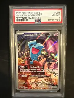 2025 POKEMON SVP DESTINED RIVALS ETB PROMO #203 TEAM ROCKET'S WOBBUFFET PSA 8 - Image 1