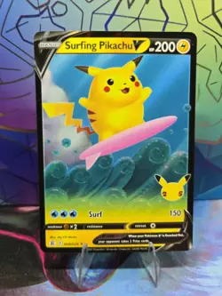Pokemon TCG Surfing Pikachu v Celebrations Holo Ultra Rare Card 008/025 - Image 1