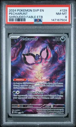 Pokemon Center Stamped Pecharunt Pokemon 2024 Shrouded Fable PROMO #129 PSA 8 - Image 1
