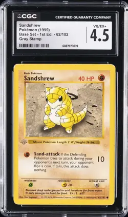 1999 POKEMON GAME 1ST EDITION #62 SANDSHREW CGC 4.5 - Image 1