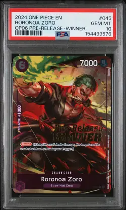 9576 Roronoa Zoro 2024 One Piece OP06 Pre-Release Winner P-045 PSA 10 - Image 1