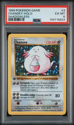 1999 POKEMON BASE SET 1ST EDITION SHADOWLESS #3 CHANSEY HOLO PSA 6 - Image 1