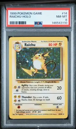 1999 POKEMON BASE SET UNLIMITED #14 RAICHU-HOLO PSA 8 - Image 1