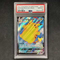 2021 POKEMON CELEBRATIONS #009 FULL ART/SURFING PIKACHU VMAX PSA 10 GEM MINT - Image 1