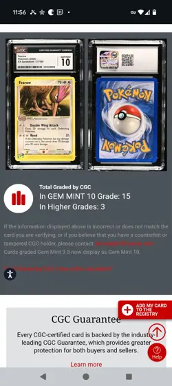 (POP 15) CGC 10 GEM MINT Fearow 37/100 EX Sandstorm Pokemon Card - Image 3