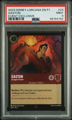 2023 DISNEY LORCANA EN P1-PROMO EVENT EXCLUSIVE GASTON - ARROGANT HUNTER PSA 9 - Image 1