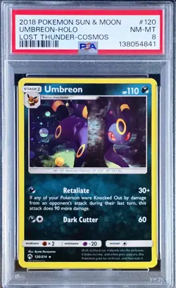 2018 POKEMON SUN & MOON LOST THUNDER COSMOS #120 UMBREON-HOLO PSA 8 - Image 1