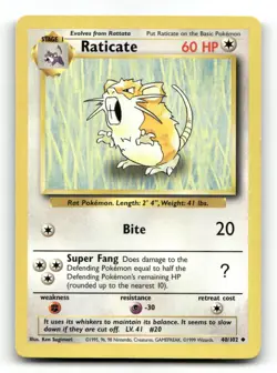 Raticate 40/102 Uncommon Base Set Unlimited Pokemon LP - Image 1