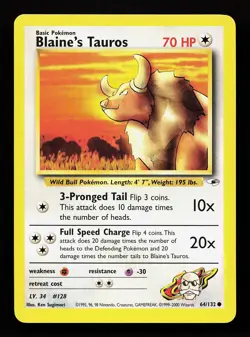 Blaine's Tauros 64/132 Unlimited Common Gym Heroes Pokemon Card - Image 1