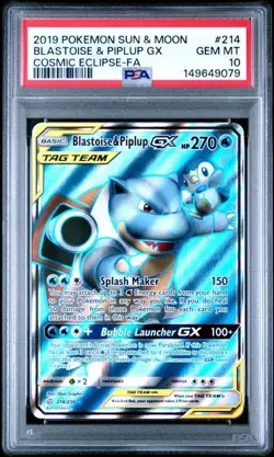 PSA 10 BLASTOISE & PIPLUP GX 214 COSMIC ECLIPSE SUN & MOON TAG TEAM POKEMON - Image 1