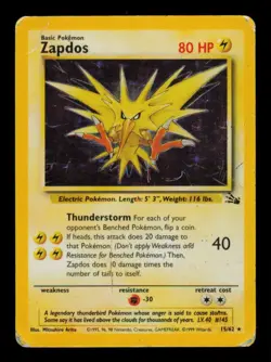 Pokemon Card Zapdos 15/62 Fossil Holo Vintage Foil Rare HP Damaged 1999 - Image 1