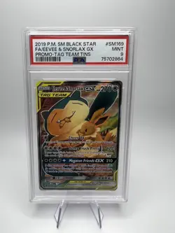 PSA 9 MINT Pokemon Eevee & Snorlax GX SM169 Black Star Promo Alternate Art - Image 1