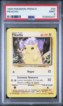 1999 Pokemon FRENCH Unlimited Base Set Pikachu 58/102 PSA 9 MINT - Image 1