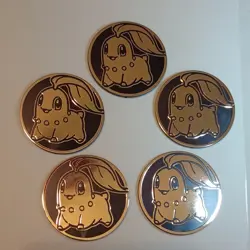 Pokemon TCG Chikorita Embossed Metal Flip Coins Lot of 5 Gold/Brown - Image 1