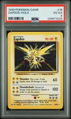 1999 POKEMON BASE SET UNLIMITED #16 ZAPDOS-HOLO PSA 4 - Image 1