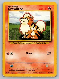 Growlithe 28/102 Uncommon Base Set Unlimited Pokemon Heavily Played - Image 1