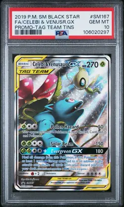 PSA 10 GEM 2019 POKEMON BLACK STAR PROMO #SM167 CELEBI VENUSAUR GX TAG TEAM HOLO - Image 1