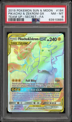 Pokemon Card Pikachu & Zekrom GX Team Up 184/181 Secret Rare SM Rainbow PSA 8 - Image 3