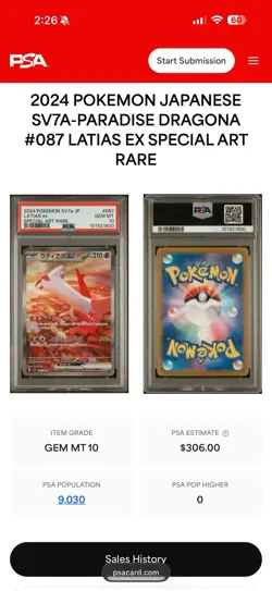 Pokemon SV7a Paradise Dragona Latias ex 087/064 SAR Holo JP PSA 10 - Image 3