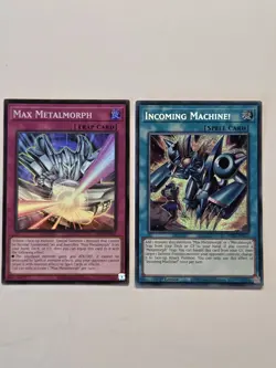Max Metalmorph OP28 Super Rare + Incoming Machine! MP25 Secret Rare Yugioh Set - Image 1