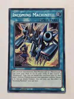 Max Metalmorph OP28 Super Rare + Incoming Machine! MP25 Secret Rare Yugioh Set - Image 3